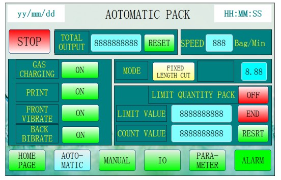 Parameters selecting screen